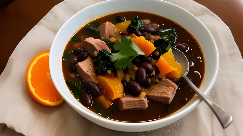 A pot of dark feijoada black bean and pork stew served with orange slices, white rice and collard greens
