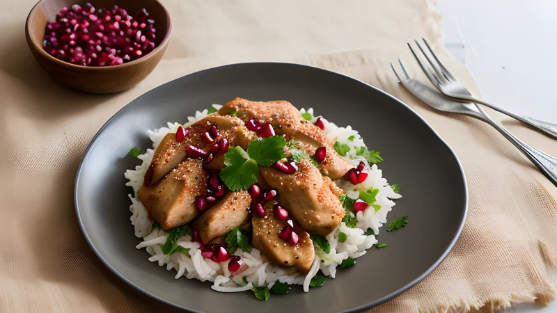 Dark walnut and pomegranate stew with chicken thighs, scattered pomegranate seeds, beside a bowl of saffron rice