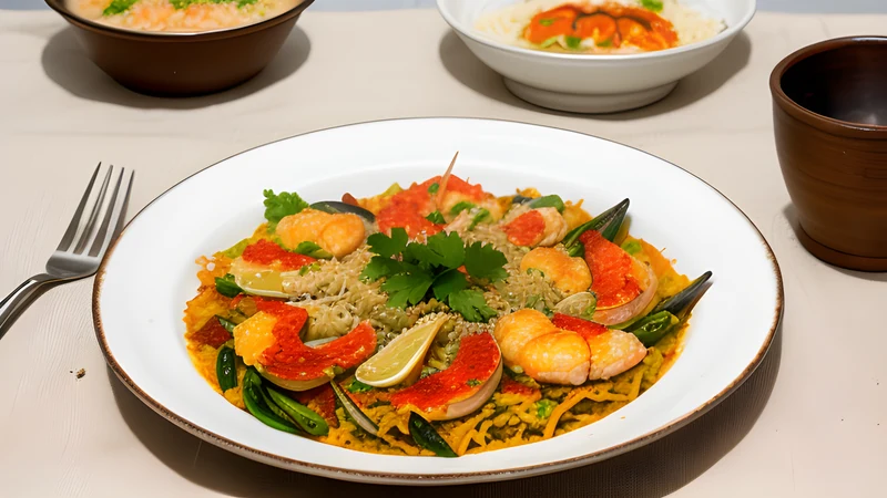 A wide steel pan of golden toasted noodles with prawns and mussels, a bowl of aioli beside it