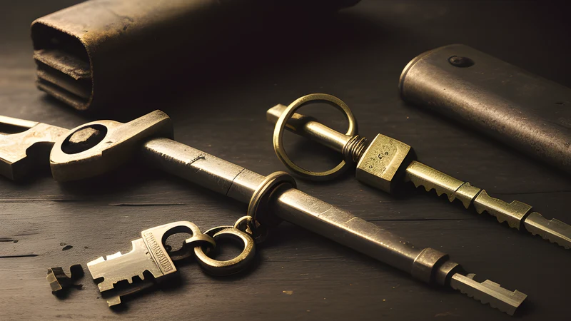 An old brass key lying beside a modern hardware security token on a worn wooden workbench
