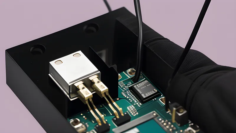 A thumbnail-sized dongle DAC dangling from a cable, its internal chip and capacitors glowing through a translucent shell