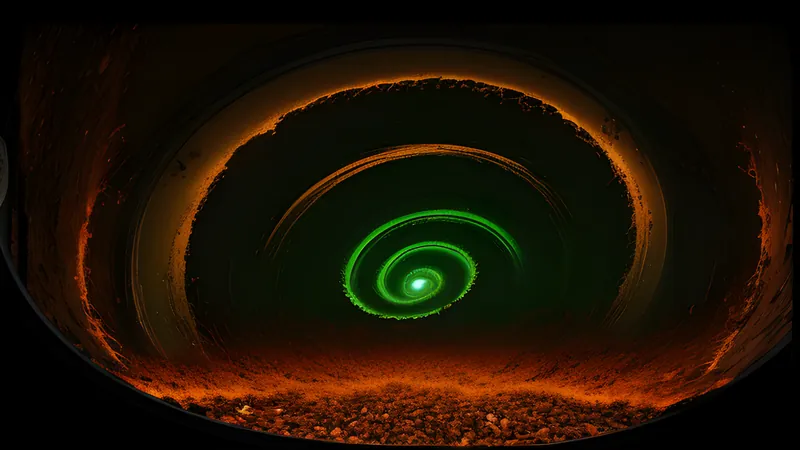 A glowing green lifestream spiralling up through a rusted industrial plate, CRT phosphor bloom