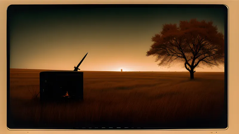 An open grassland world with a lone sword-bearing silhouette, rendered in CRT amber glow