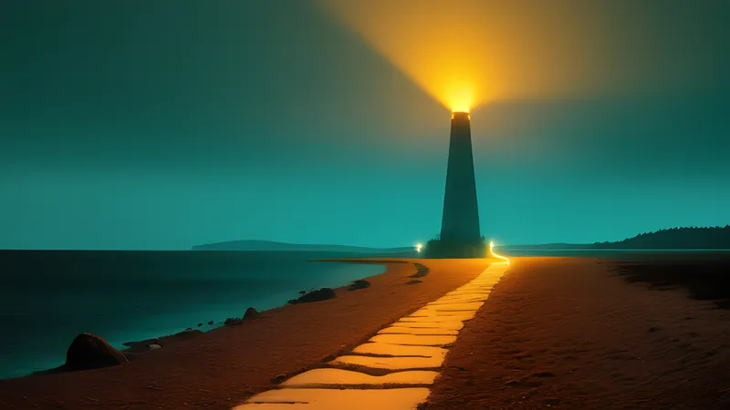 A single stone path winding across endless turquoise water toward a distant spire, rendered in warm CRT amber