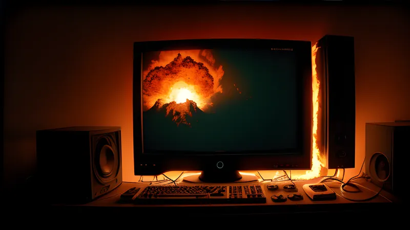 A fiery titan clash beneath a dark fantasy sky, rendered in CRT amber glow