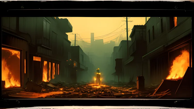 A fire-lit city alley strewn with debris, fists raised in silhouette, amber CRT bloom