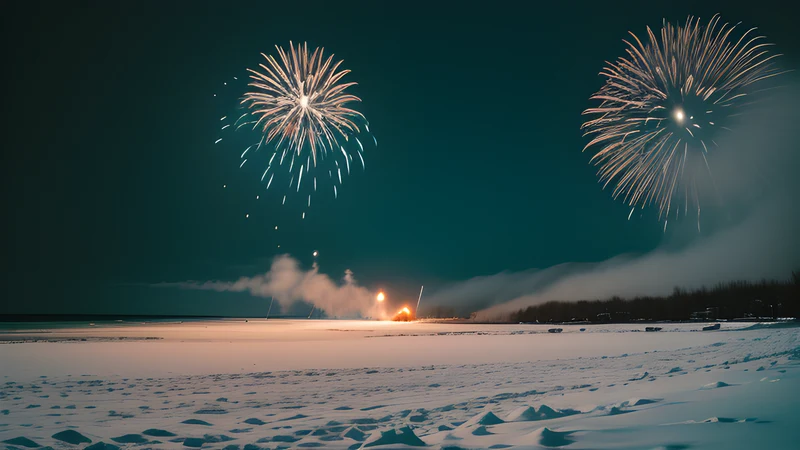 Repertory poster: a lone figure on a winter beach under teal sky, amber firework light bleeding through smoke