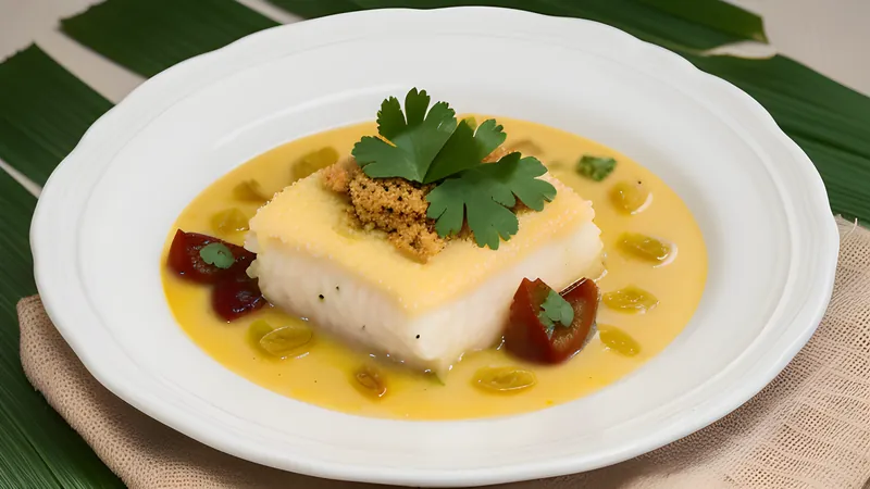 A folded banana leaf bowl filled with pale yellow fish custard, topped with shredded kaffir lime leaf and a swirl of coconut cream