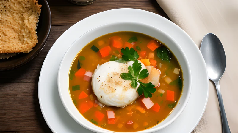 A shallow bowl of pale creamy fish soup with chunks of white cod, carrot and leek, scattered with dill on a linen cloth