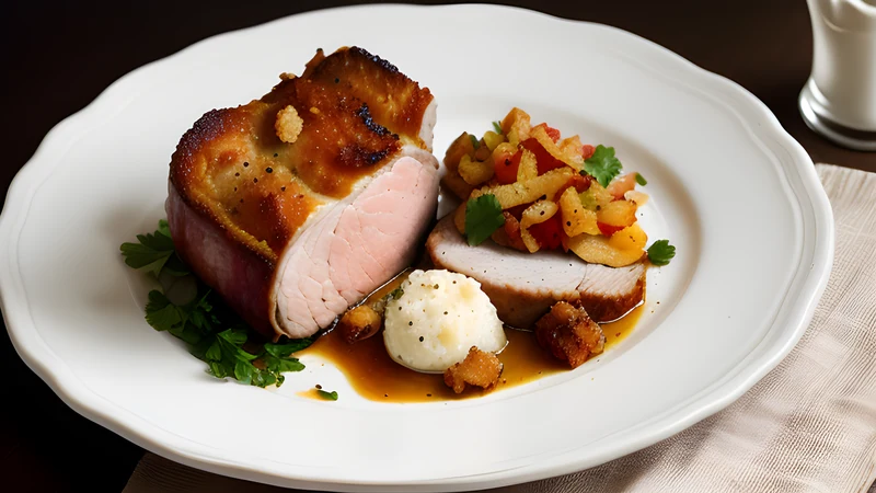 A joint of roast pork with deeply scored blistered crackling and bay leaves wedged upright between the strips