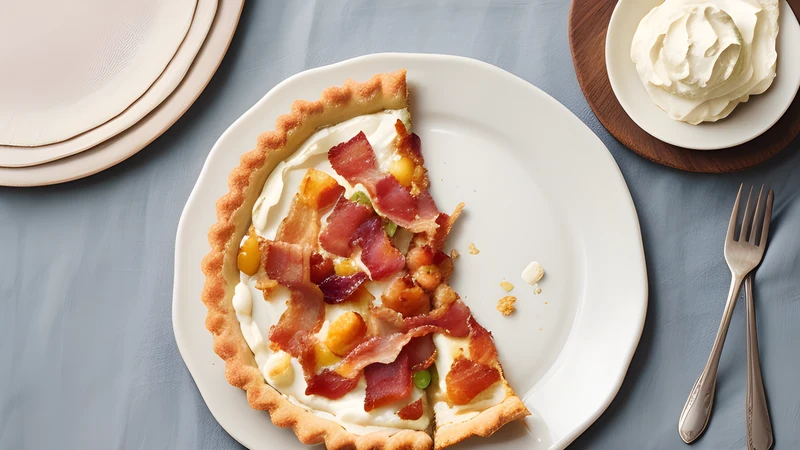 A thin rectangular tart on a wooden board, blistered dark at the edges, scattered with onion slivers and browned lardons over pale cream