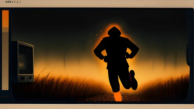 A rotoscoped running figure blurred across a rain-dark ledge in amber CRT glow