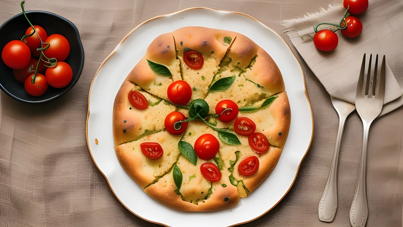 A round golden focaccia in a dark tin, studded with blistered cherry tomatoes and green olives