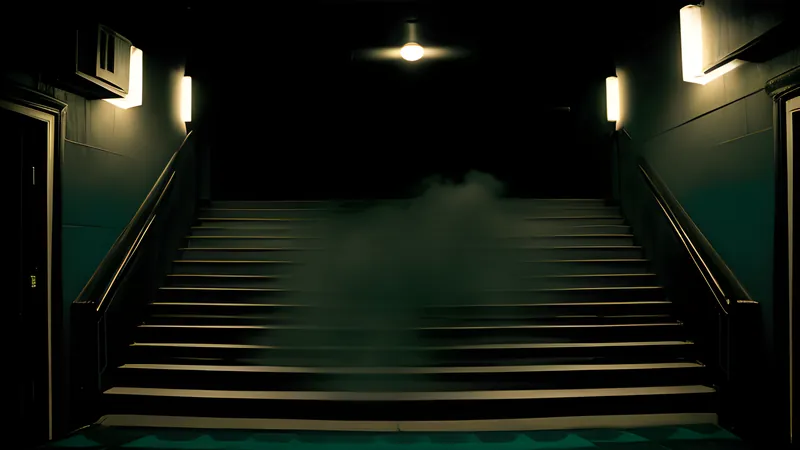 Repertory-cinema poster of a hand-painted cellar door opening onto a warped cartoon corridor, teal and amber projector light through smoke