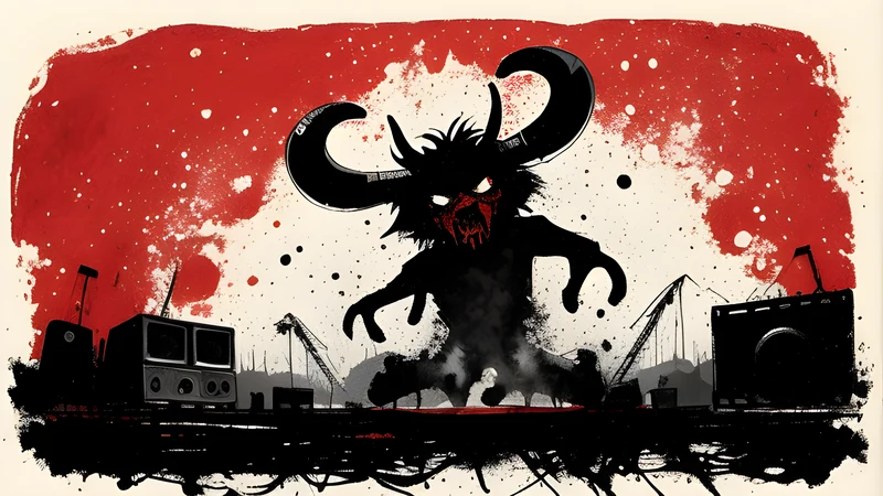 A metal crowd with raised horns in a green city park before a main stage in Nijmegen, ink-splatter illustration with a crimson hot spot.