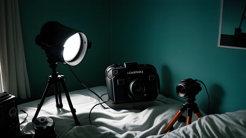An empty bedroom doorway seen from a locked-off tripod, night-vision green bleeding into teal and amber smoke