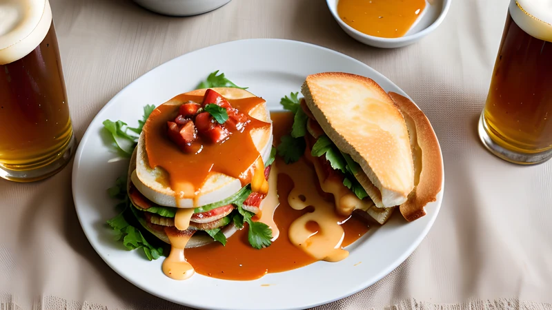 A square sandwich under melted cheese sitting in a pool of orange-red sauce with a fried egg on top and chips at the side