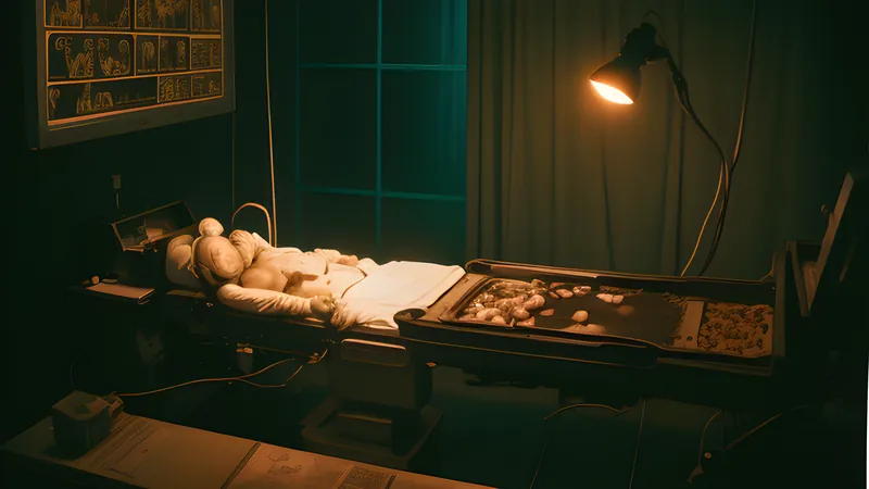 A neon-lit surgical table under a bare bulb, repertory cinema poster in teal and amber with projector light through smoke