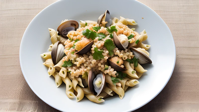 A shallow bowl of amber semolina pellets with open clam shells, parsley and grated roe on top
