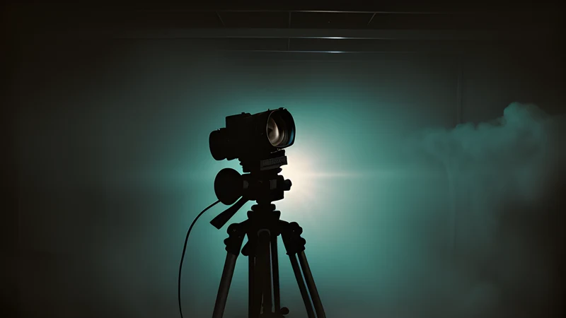 A camera lens glinting in the dark above a city street, repertory cinema poster in teal and amber with projector light through smoke