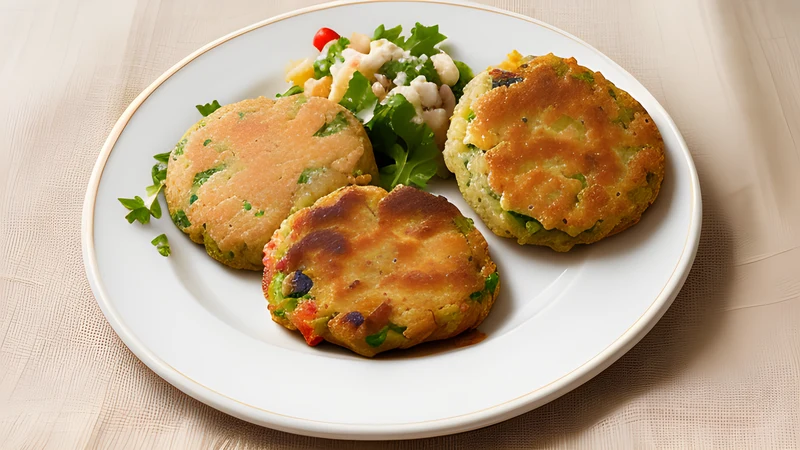 Four deep-brown flattened meat patties in a black frying pan, one broken open to show a pale, loose interior, with mustard in a small dish