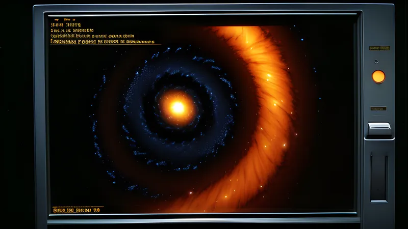 A thin orbital arc curving across black emptiness, rendered in amber CRT phosphor with scanlines and heavy grain