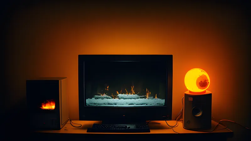 A lone furnace glowing orange at the centre of a snowbound city under a dead grey sky