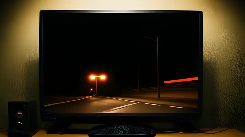 A single headlight cutting down an empty desert highway in burnt amber CRT glow and scanlines