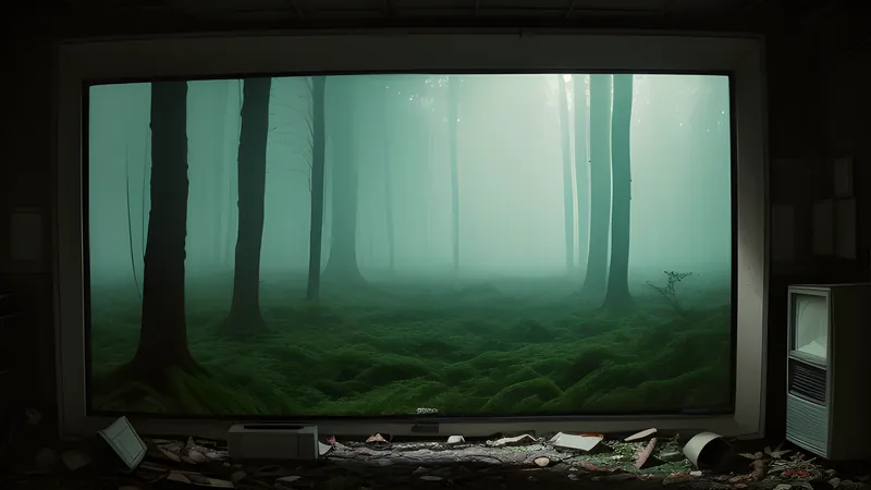 A lush green forest clearing rendered in wrong colours with a lone figure holding a guitar, teal and amber repertory poster, projector light through smoke