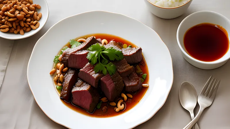 Thin slices of beef and tripe fanned on a plate under glossy red Sichuan chilli oil and crushed peanuts