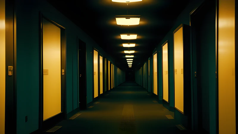 A resort corridor lined with blank android faces racked on a wall