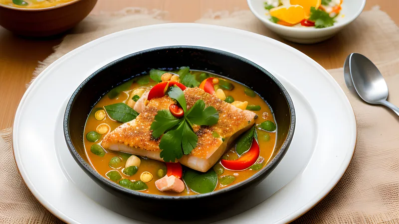 A bowl of orange-red gaeng som curry with fish, pineapple and green beans