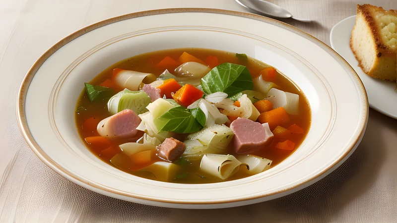 A deep bowl of thick pale soup crowded with cabbage, beans and potato, a browned duck leg resting on top, bread beside it