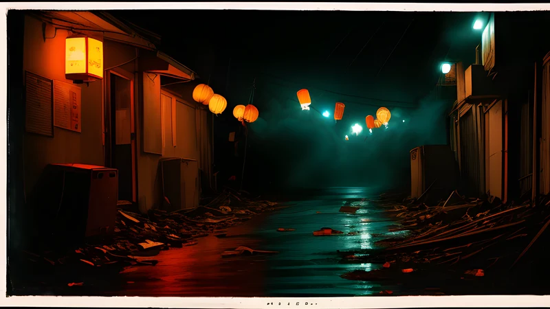 Repertory poster: a ruined building lit in saturated red and green, projector beam through smoke, teal and amber shadows