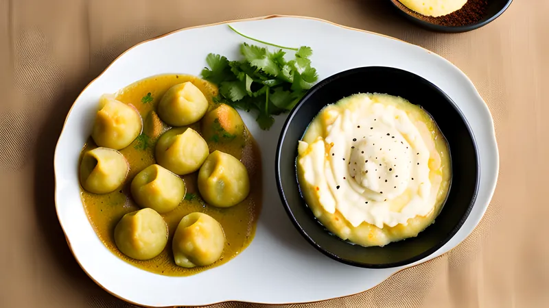 Sliced gram flour dumplings in a yellow yoghurt gravy, scattered with coriander
