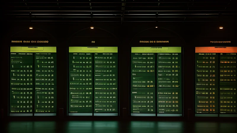 Two departure boards in a dark hall showing the same services differently