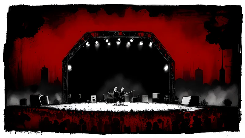 A compact metal-festival stage beside old industrial gasworks brickwork under a grey Swedish sky