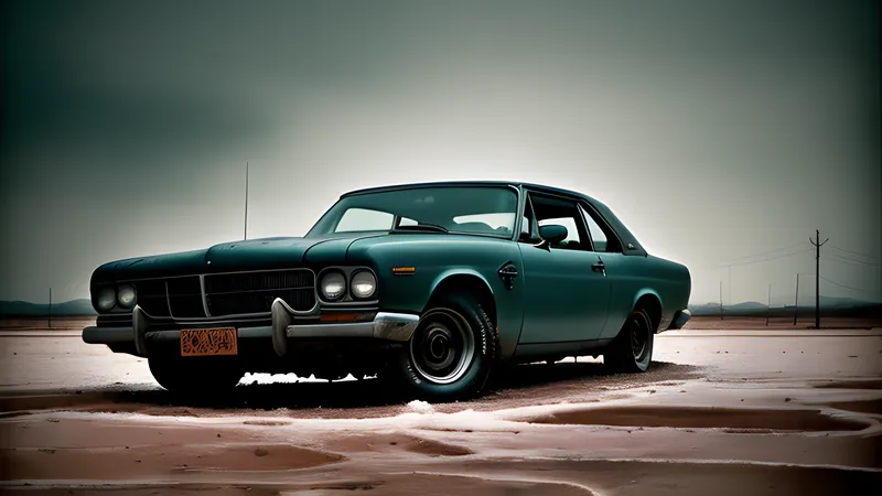 A rusted V8 muscle car abandoned on a cracked salt pan under a bleached sky