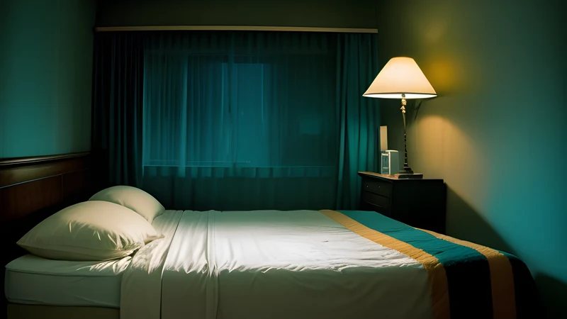 Police handcuffs locked around a wooden bedpost in a lakeside bedroom under pale moonlight