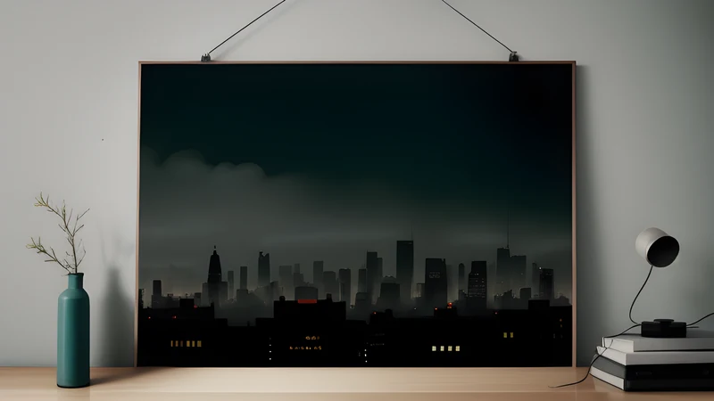 Pigeons scattering from a tenement rooftop above a rain-slicked city at night, repertory cinema poster in teal and amber with projector light through smoke