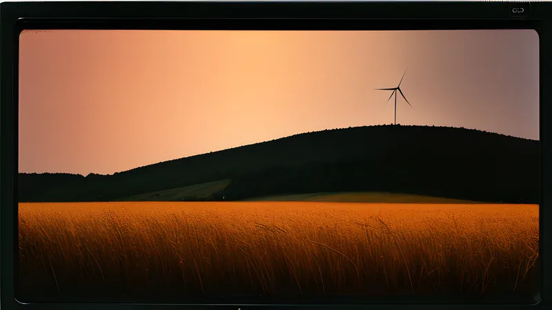 Wind-blown grass pointing across a lone field toward a distant torii gate, in CRT amber glow