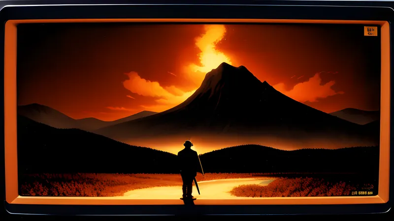 A lone swordsman standing beneath a windblown mountain sky, amber CRT phosphor glow, dark room