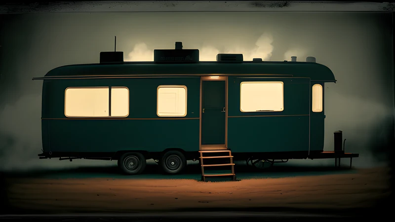 A fairground caravan in fog with three case files resting on the step