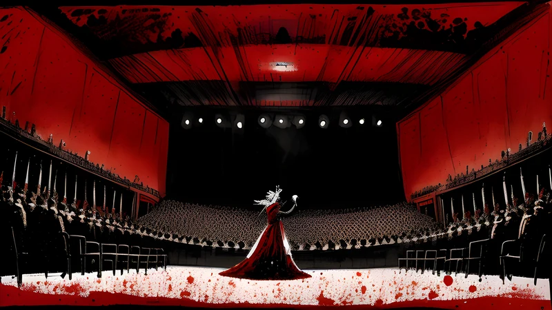 A masked ritual figure amid candles and ecclesiastical pageantry under dramatic arena lighting