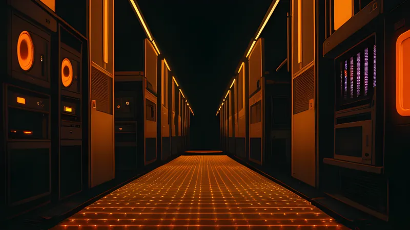 A neon blade-thin walkway suspended above a collapsing vertical megacity, amber CRT phosphor glow