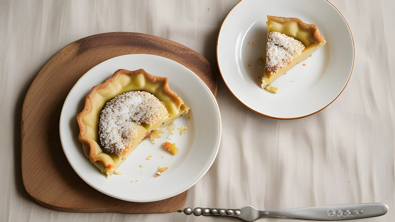 A square baking tin of golden crumpled filo pie with crisp ruffled peaks, one slice cut out