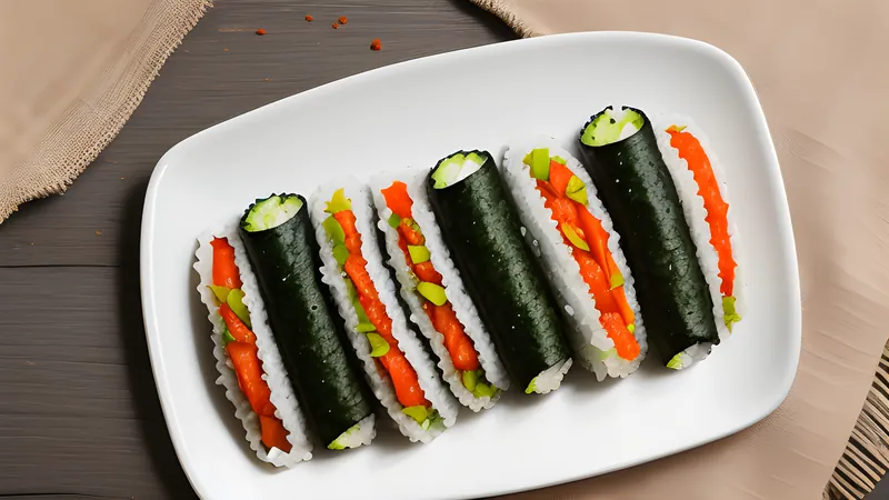 Sliced gimbap rolls on a board showing yellow pickled radish, orange carrot and egg fillings