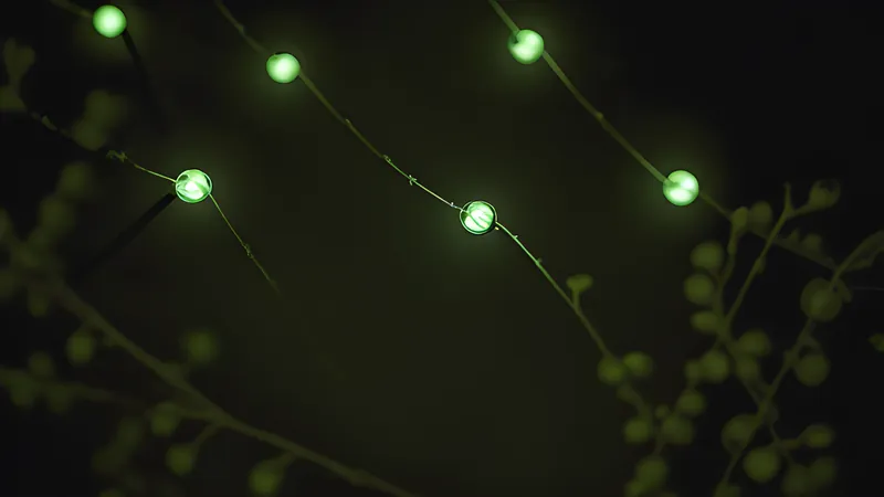 A chain of glowing commit-dot nodes with small bright sticky-note tabs branching off at odd angles