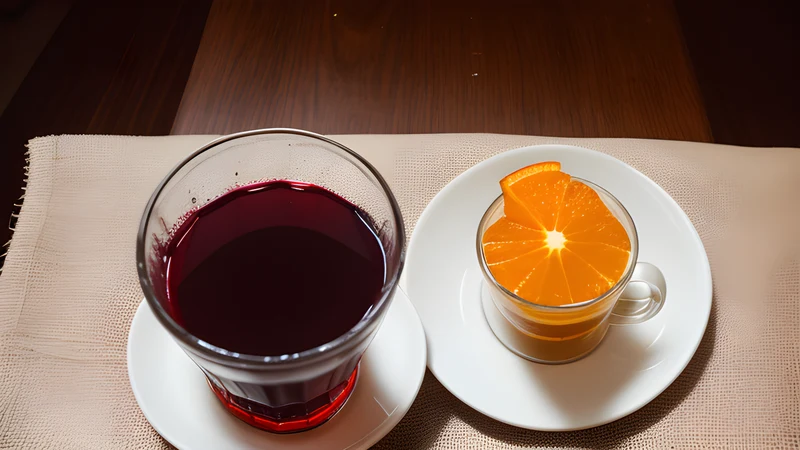 A steaming glass mug of dark red mulled wine with a star anise and an orange slice floating on top, beside cinnamon sticks