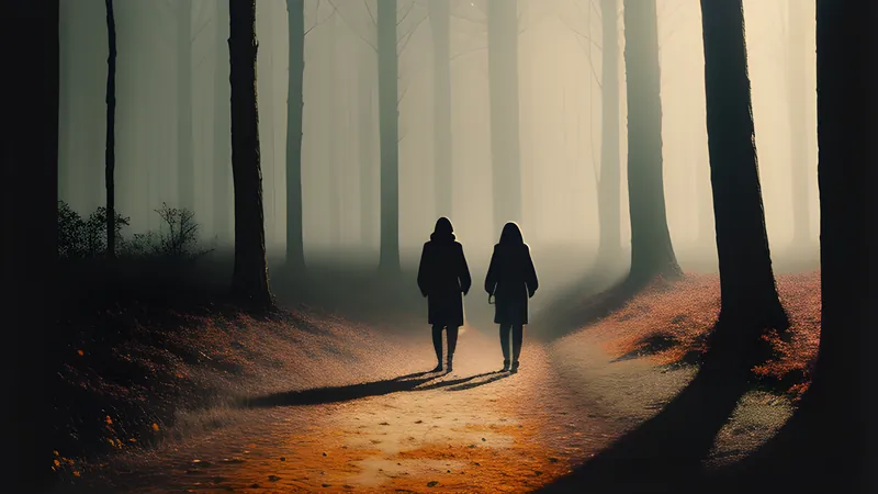 Two long shadows walking together through a frost-covered ancient forest, amber CRT phosphor bloom